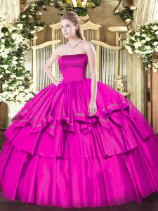 Elegant Fuchsia Sleeveless Organza and Taffeta Zipper Ball Gown Prom Dress for Military Ball and Sweet 16 and Quinceanera