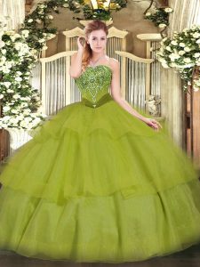 Exceptional Olive Green Tulle Lace Up Ball Gown Prom Dress Sleeveless Floor Length Beading and Ruffled Layers