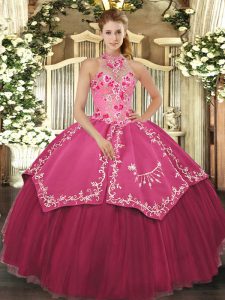 Coral Red Sleeveless Beading and Embroidery Floor Length Vestidos de Quinceanera