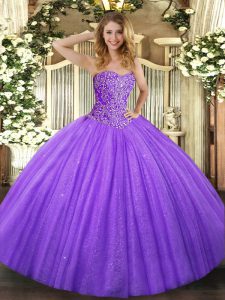 Fitting Floor Length Ball Gowns Sleeveless Lavender Party Dress Lace Up