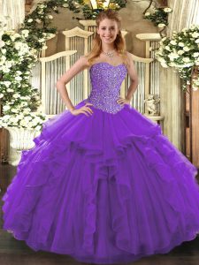 Vintage Sweetheart Sleeveless Lace Up Quinceanera Gowns Purple Tulle