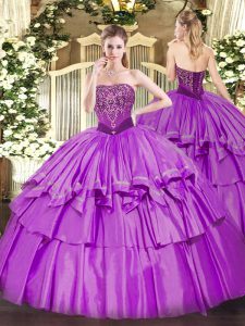 Floor Length Lace Up Sweet 16 Quinceanera Dress Lilac for Military Ball and Sweet 16 and Quinceanera with Beading and Ruffled Layers