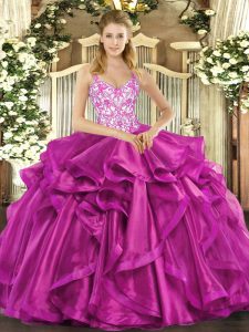 Straps Sleeveless Military Ball Gown Floor Length Beading and Appliques and Ruffles Fuchsia Organza
