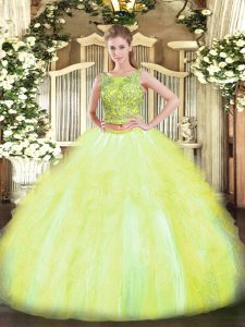 Admirable Scoop Sleeveless Lace Up Quince Ball Gowns Yellow Green Tulle