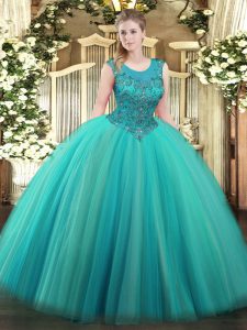 Deluxe Sleeveless Floor Length Beading Zipper Party Dress Wholesale with Turquoise