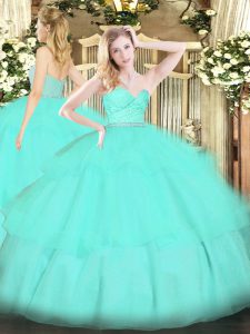 Most Popular Tulle Sleeveless Floor Length Quinceanera Dress and Beading and Lace and Ruffled Layers
