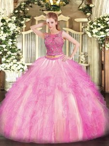 Rose Pink Lace Up Scoop Beading and Ruffles Quince Ball Gowns Tulle Sleeveless