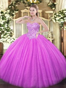Sleeveless Tulle Floor Length Lace Up Sweet 16 Dress in Lilac with Appliques