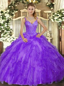 Dramatic Lavender Ball Gowns Tulle V-neck Sleeveless Beading and Ruffles Floor Length Lace Up Quinceanera Gown