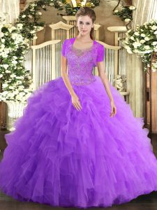 High Quality Tulle Scoop Sleeveless Clasp Handle Beading and Ruffled Layers Ball Gown Prom Dress in Lavender