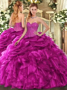 Fuchsia Ball Gown Prom Dress Military Ball and Sweet 16 and Quinceanera with Beading and Ruffles and Pick Ups Sweetheart Sleeveless Lace Up
