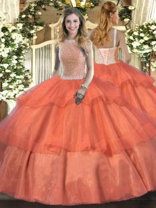 Excellent Orange Red Ball Gowns Tulle High-neck Sleeveless Beading and Ruffled Layers Floor Length Lace Up Quinceanera Dress