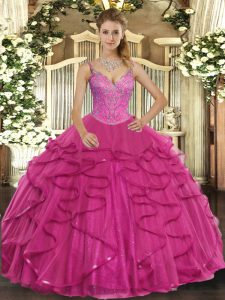Hot Pink Lace Up 15th Birthday Dress Beading and Ruffles Sleeveless Floor Length