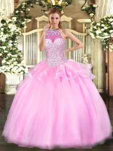 Clearance Ball Gowns Sweet 16 Dresses Pink Halter Top Tulle Sleeveless Floor Length Lace Up
