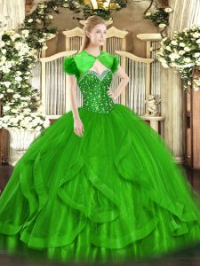 Green Casual Dresses Military Ball and Sweet 16 and Quinceanera with Beading and Ruffles Sweetheart Sleeveless Lace Up