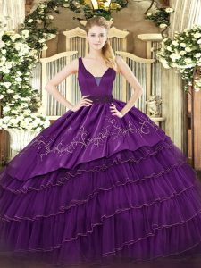 Low Price Straps Sleeveless Organza and Taffeta Quinceanera Gowns Embroidery and Ruffled Layers Zipper