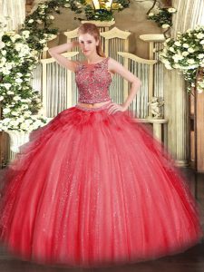 Charming Sleeveless Tulle Floor Length Lace Up Quinceanera Dress in Coral Red with Beading and Ruffles