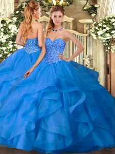 Custom Designed Blue Ball Gowns Tulle Sweetheart Sleeveless Appliques and Ruffles Floor Length Lace Up 15 Quinceanera Dress