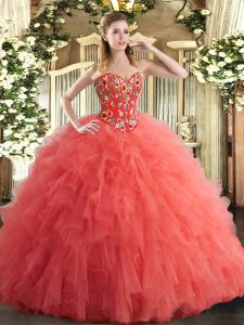 Adorable Sweetheart Sleeveless Tulle Ball Gown Prom Dress Embroidery and Ruffles Lace Up