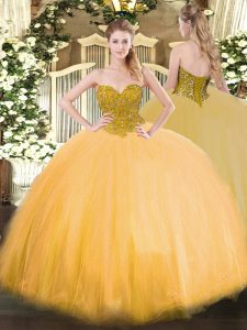Gold Tulle Lace Up Sweetheart Sleeveless Floor Length Quince Ball Gowns Beading