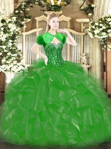 Romantic Green Sleeveless Floor Length Beading and Ruffles Lace Up Sweet 16 Dress
