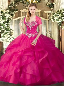 Hot Pink Lace Up Sweetheart Beading and Ruffles 15th Birthday Dress Tulle Sleeveless