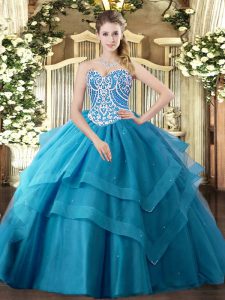Dynamic Teal Lace Up 15 Quinceanera Dress Beading and Ruffled Layers Sleeveless Floor Length