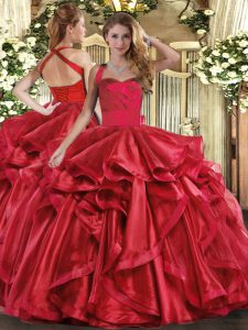 Colorful Wine Red Halter Top Lace Up Ruffles Quinceanera Dresses Sleeveless