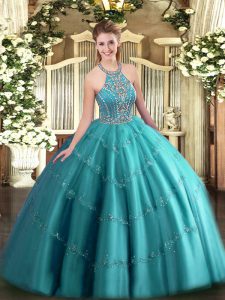 Floor Length Ball Gowns Sleeveless Teal Ball Gown Prom Dress Lace Up