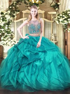 Gorgeous Teal Two Pieces Organza Scoop Sleeveless Beading and Ruffles Floor Length Lace Up Sweet 16 Dress
