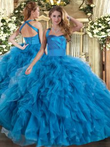 Fashion Blue Lace Up Ball Gown Prom Dress Ruffles Sleeveless Floor Length