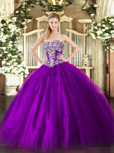 Purple Strapless Neckline Beading Quinceanera Gown Sleeveless Lace Up