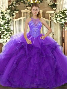 Stunning Sleeveless Beading and Ruffles Lace Up Ball Gown Prom Dress