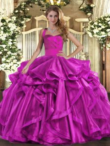 Ball Gowns Quinceanera Gown Fuchsia Halter Top Organza Sleeveless Floor Length Lace Up