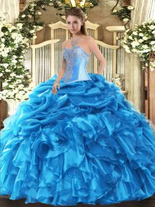 Baby Blue Sleeveless Floor Length Beading and Ruffles and Pick Ups Lace Up 15 Quinceanera Dress