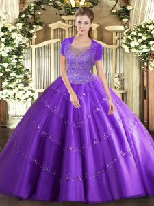 Affordable Scoop Sleeveless Clasp Handle Quince Ball Gowns Lavender Tulle
