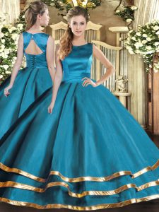 Customized Floor Length Teal Quinceanera Dresses Scoop Sleeveless Lace Up