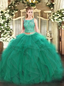 Trendy Two Pieces Quinceanera Dress Turquoise Scoop Tulle Sleeveless Floor Length Lace Up