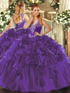Beading and Ruffles Quinceanera Dresses Purple Lace Up Sleeveless Floor Length