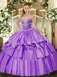 Luxurious Sleeveless Organza and Taffeta Floor Length Lace Up Womens Party Dresses in Lavender with Beading and Ruffled Layers