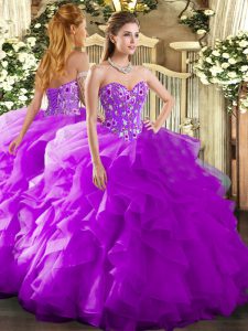 Stylish Embroidery and Ruffles 15 Quinceanera Dress Purple Lace Up Sleeveless Floor Length