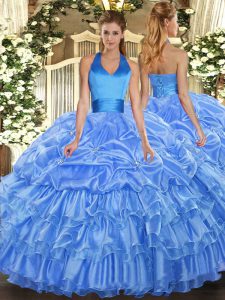 Artistic Baby Blue Quince Ball Gowns Military Ball and Sweet 16 and Quinceanera with Ruffled Layers and Pick Ups Halter Top Sleeveless Lace Up