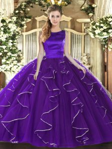 Customized Tulle Scoop Sleeveless Lace Up Ruffles Ball Gown Prom Dress in Purple