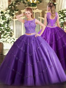 Sleeveless Tulle Floor Length Lace Up Sweet 16 Quinceanera Dress in Purple with Beading and Appliques