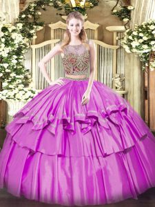 Sleeveless Organza and Taffeta Floor Length Lace Up Quinceanera Dress in Lilac with Beading and Ruffled Layers