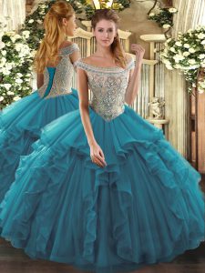 Simple Floor Length Teal Quinceanera Dresses Tulle Sleeveless Beading and Ruffles