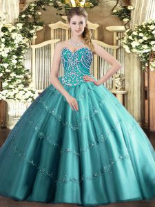 Simple Ball Gowns Sweet 16 Dresses Teal Sweetheart Tulle Sleeveless Floor Length Lace Up