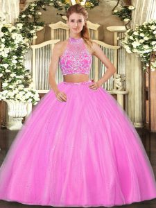 Modest Hot Pink Sleeveless Tulle Criss Cross Quinceanera Gown for Military Ball and Sweet 16 and Quinceanera