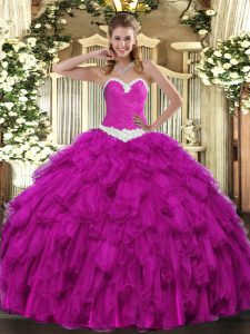 Stylish Fuchsia Sleeveless Appliques and Ruffles Floor Length Quinceanera Gowns