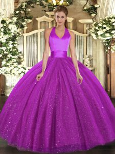Fuchsia Ball Gowns Halter Top Sleeveless Tulle Floor Length Lace Up Sequins Sweet 16 Dress